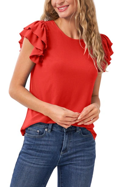 Cece Double Ruffle Knit Top In Coral Sunset