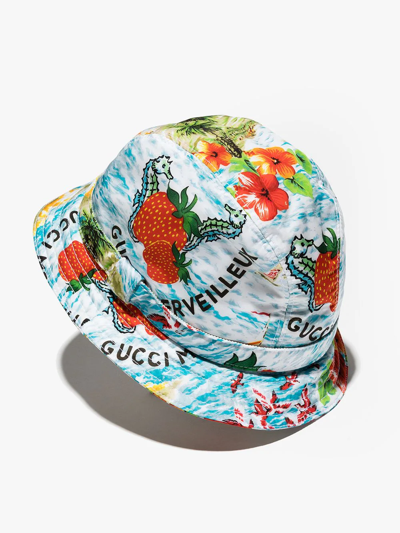 Gucci Stawberry Smooth Print Bucket Hat In Blue
