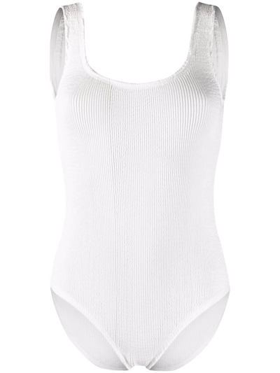 Shop Bottega Veneta Crinkled Plisse Open-back Swimsuit In Weiss