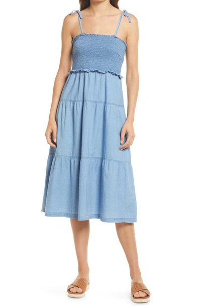 Shop Madewell Denim Tie-strap Smocked Cotton Midi Dress In Ilsa Dobby