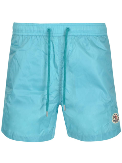 Shop Moncler Logo Patch Drawstring Swim Shorts In Blue