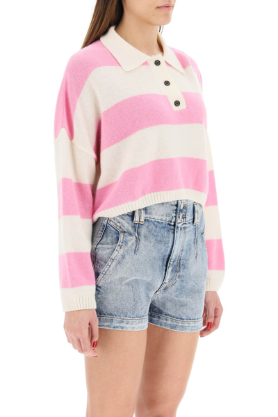 Shop Msgm Striped Boxy Knit Polo In White,pink