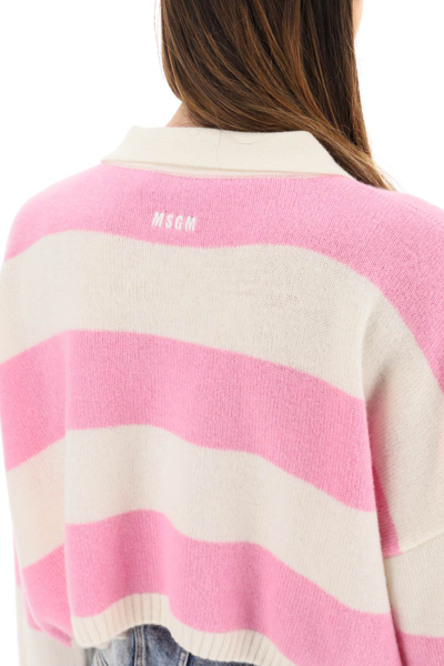 Shop Msgm Striped Boxy Knit Polo In White,pink