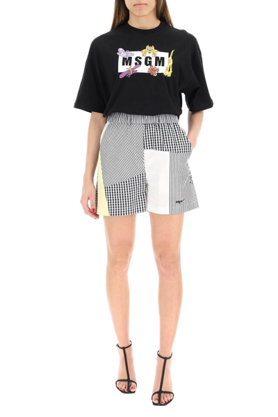 Shop Msgm Patchwork Shorts In White,black,yellow