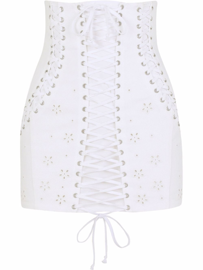 Shop Dolce & Gabbana Lace-up Embroidered Miniskirt In White