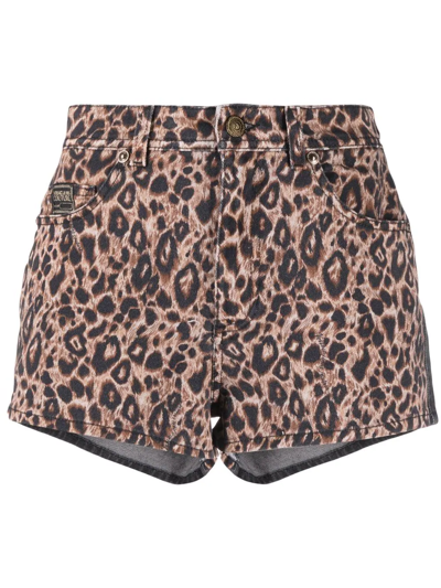 Shop Versace Jeans Couture Leopard-print Denim Shorts In Brown