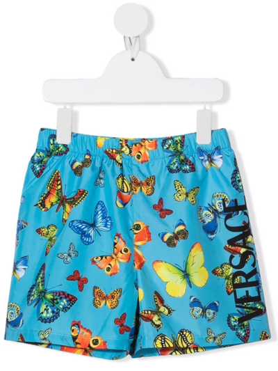 Shop Versace Butterfly-print Swim Shorts In Blue