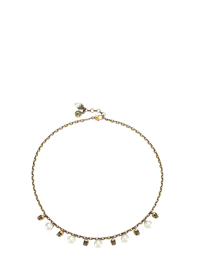 Shop Alexander Mcqueen Pearl And Skull Necklace In Gold