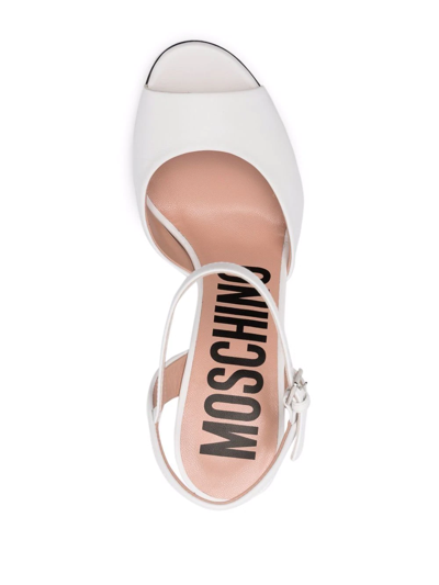 Shop Moschino Canister Heel Leather Sandals In Weiss