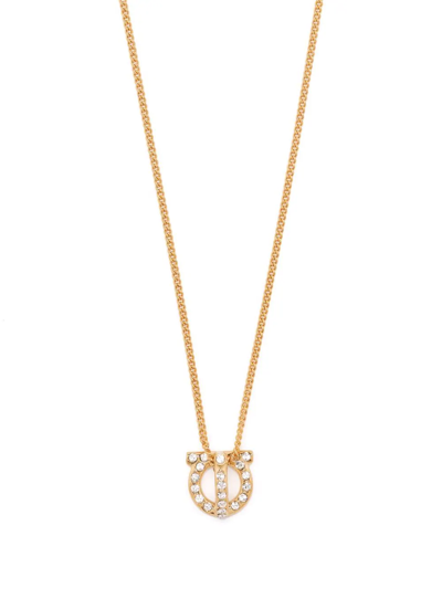 Shop Ferragamo Gancini Crystal Pendant Necklace In Gold
