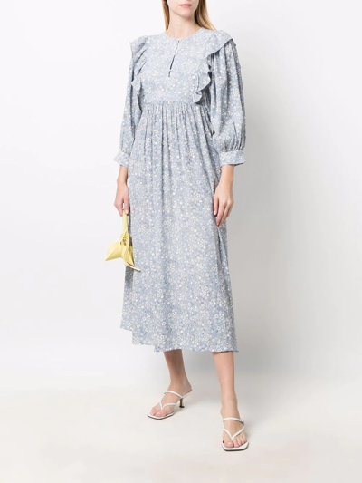 Baum Und Pferdgarten Alona Gathered Floral-print Crepon Midi Dress In Blau