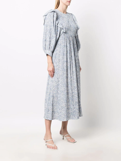 Baum Und Pferdgarten Alona Gathered Floral-print Crepon Midi Dress In Blau