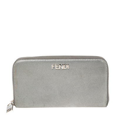 Pre-owned Fendi Silver Textured Leather Zip Around Continental Wallet