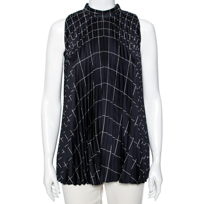 Pre-owned Ferragamo Navy Blue Windowpane Printed Silk Pleated Top M