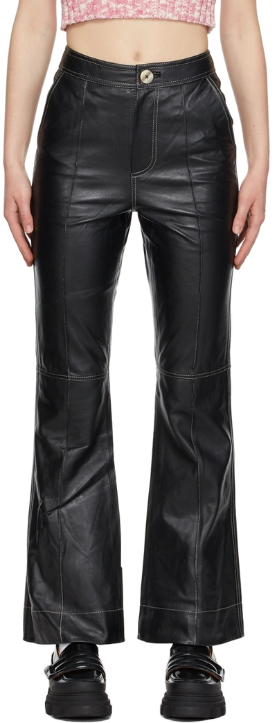 Shop Ganni Black Bootcut Leather Pants In 099 Black