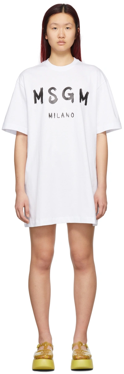 Shop Msgm White Cotton Logo Dress In 01 Optical White
