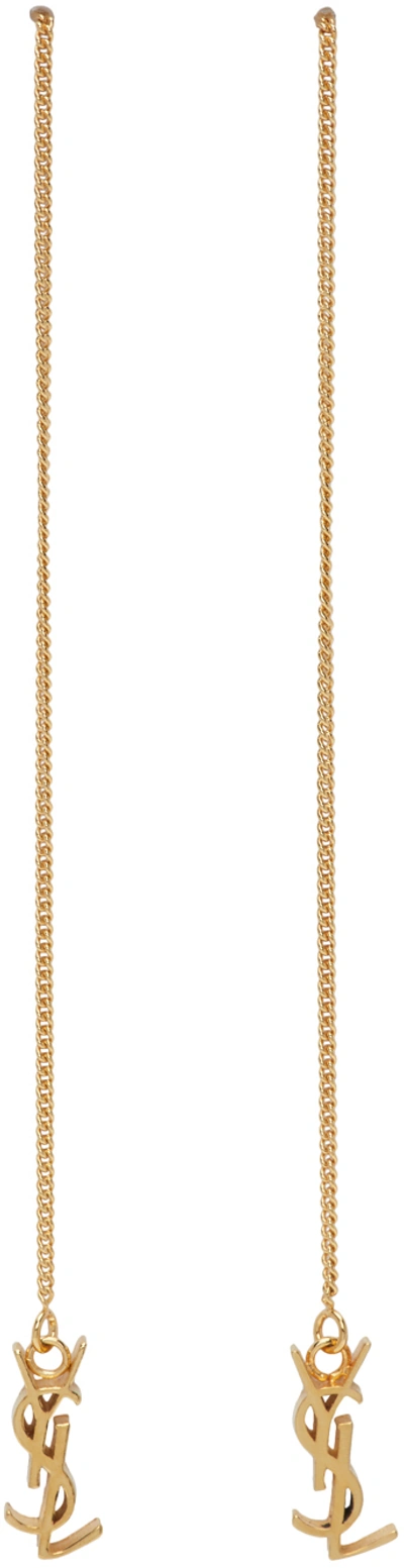 Shop Saint Laurent Gold Long Threader Monogramme Earrings In 8030 Gold