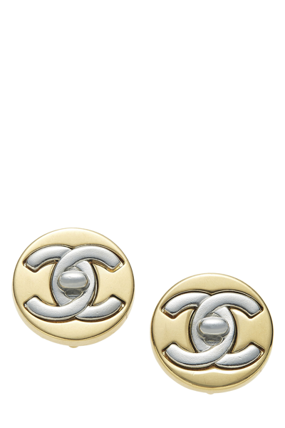 Pre-owned Chanel Gold & Silver 'cc' Turnlock Circle Earrings