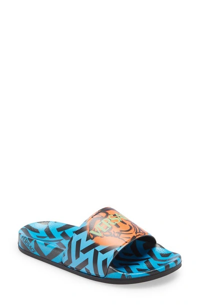 Shop Versace Medusa Smiley Face La Greca Slide Sandal In Sky Multicolor
