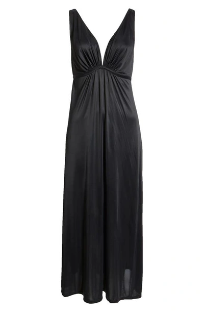 Shop Natori Enchant Deep V-neck Satin Nightgown In Black W/ Ivory Lace