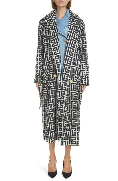 Shop Balmain Monogram Print Double Breasted Trench Coat In Ivoire/ Noir