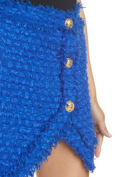 Shop Balmain Cotton Blend Tweed Asymmetric Miniskirt In Bleu Gitane