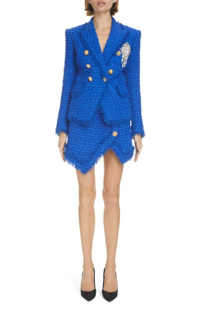 Shop Balmain Cotton Blend Tweed Asymmetric Miniskirt In Bleu Gitane
