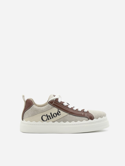 Shop Chloé Lauren Sneakers In Cotton Canvas With Leather Inserts In White - Brown 1