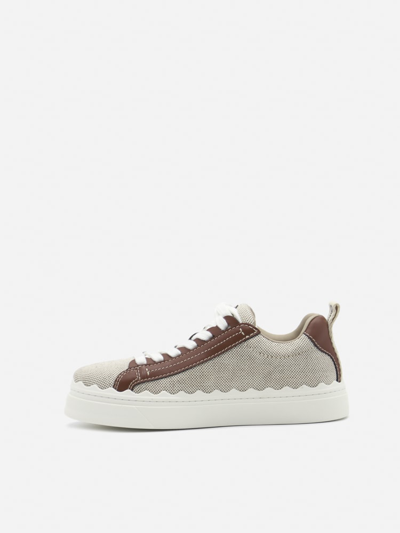 Shop Chloé Lauren Sneakers In Cotton Canvas With Leather Inserts In White - Brown 1