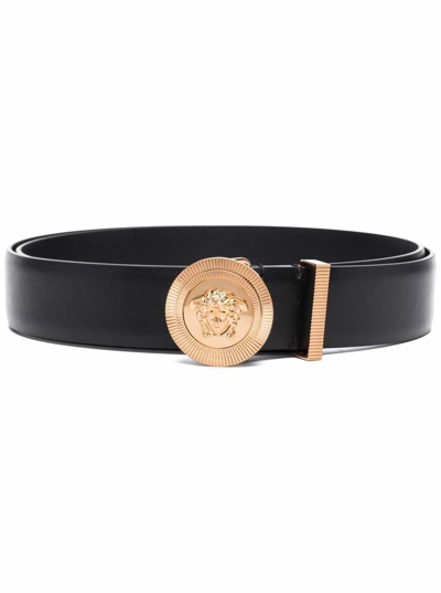 Shop Versace Black Leather Belt Wiht Medusa Buckle Logo Buckle