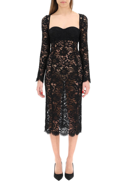 Shop Dolce & Gabbana Lace Midi Dress In Black