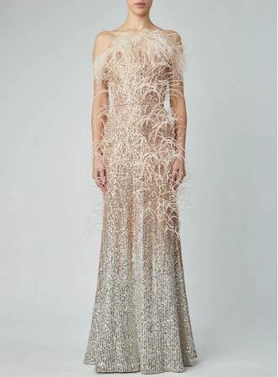 Shop Elie Saab Strapless Sequin And Feather Gown