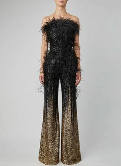 Shop Elie Saab Strapless Sequin And Feather Jumpsuit