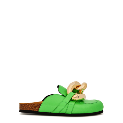 Shop Jw Anderson Bright Green Chain-embellished Leather Mules