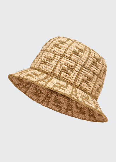 Shop Fendi Ff Crochet Raffia Bucket Hat In Gold