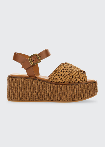 Shop Tod's Raffia Leather Crisscross Platform Sandals In Brown