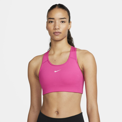 Shop Nike Dri-fit Swoosh Women's Medium-support 1-piece Pad Sports Bra In Active Pink,white