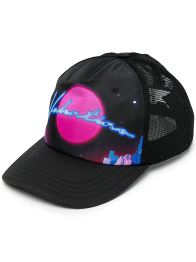 Shop Valentino Neon Logo Mesh Baseball Cap In Black