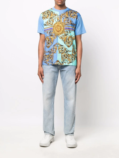 Shop Versace Jeans Couture Garland Sun-print Cotton T-shirt In Blue