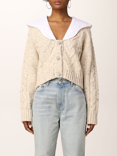 Shop Ganni Cropped Cardigan In Wool Blend In Beige