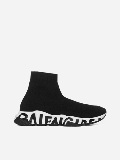 Shop Balenciaga Speed Graffiti Logo Knit Sneakers