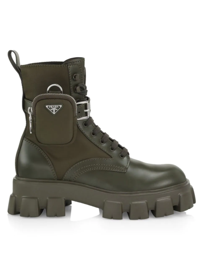 Shop Prada Men's Monolith Lug-sole Leather Combat Boots In Military