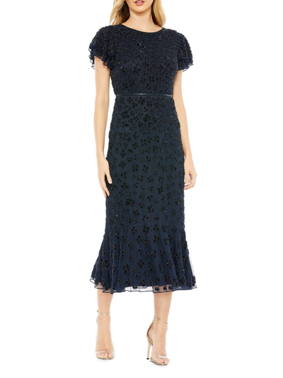Shop Mac Duggal Women's Flutter Sleeve Beaded Midi Dress In Midnight
