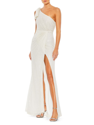 Shop Mac Duggal Women's Sequined One-shoulder Gown In White