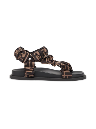 Shop Fendi Women's Ff Monogram Satin Ruched Sport Sandals In Tabacco Nero