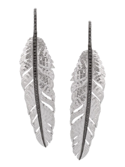 Shop Michael Aram Women's Feather Sterling Silver & Black Diamond Drop Earrings