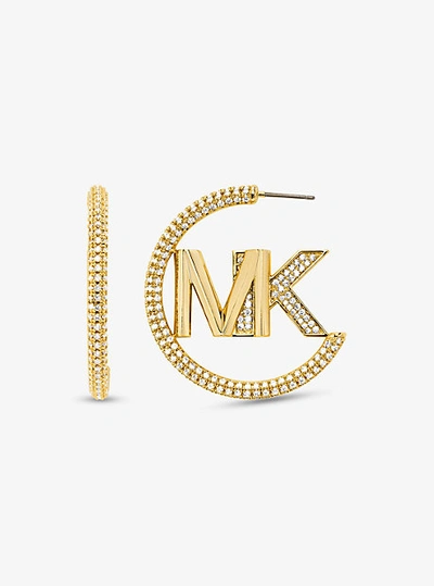 Shop Michael Kors Precious Metal-plated Brass Pavé Logo Hoop Earrings In Gold