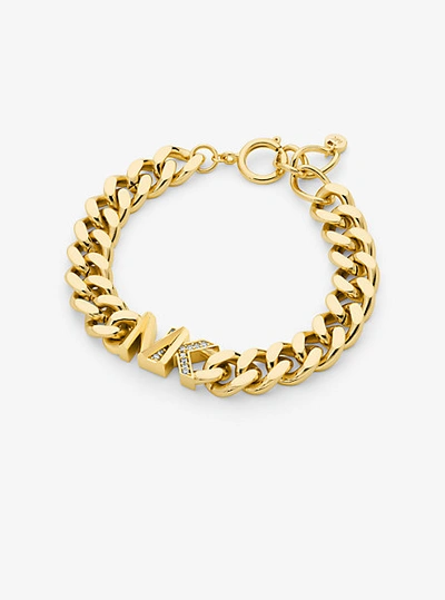 Shop Michael Kors Precious Metal-plated Brass Pavé Logo Curb Link Bracelet In Gold