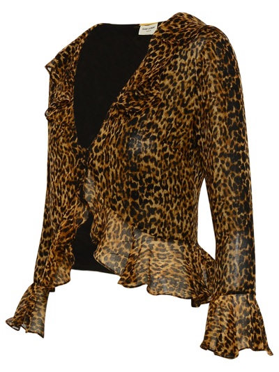 Shop Saint Laurent Leopard-print Wool Shirt In Brown