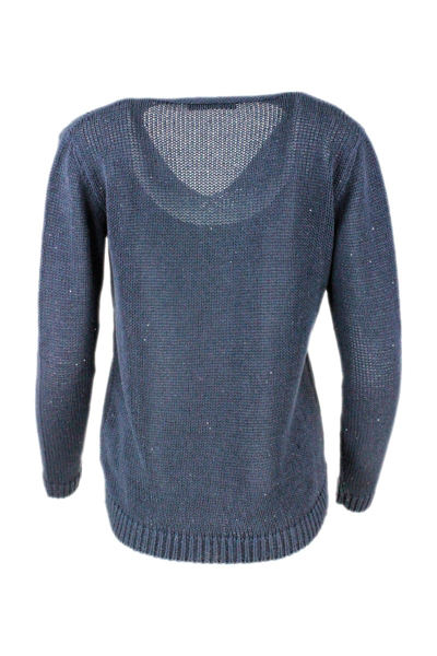 Shop Fabiana Filippi V-neck Sweater In Cotton And Linen With Woven Sequins Open On The Shoulder In Blu